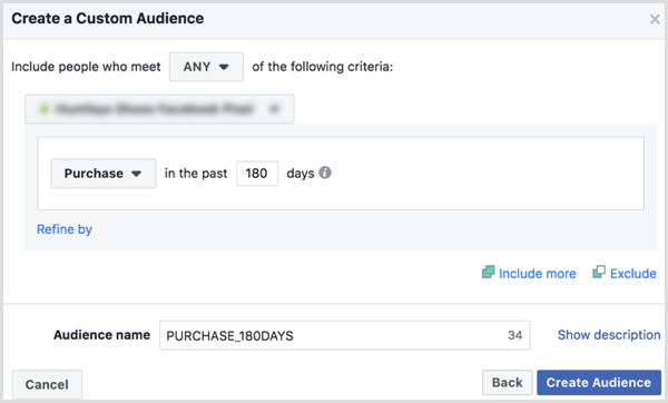 Pasirinkimas, kaip sukurti „Facebook“ pirkėjų auditoriją per pastarąsias 180 dienų