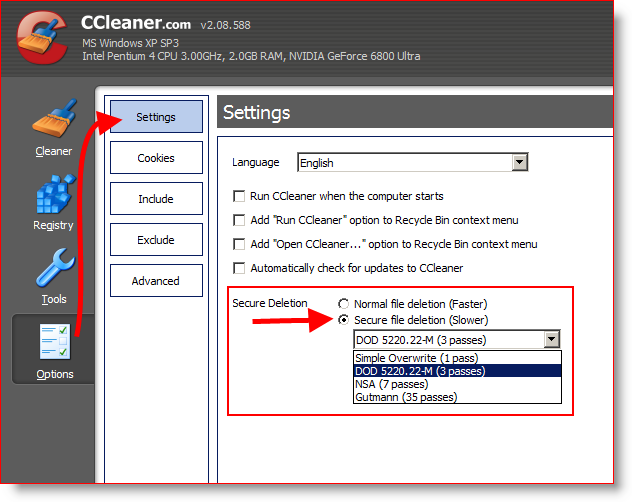 Konfigūruokite „CCleaner“, kad 3 kartus saugiai nuvalytų ir ištrintų failus arba DOD 5220.22-M