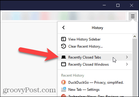 Pasirinkite Neseniai uždaryti skirtukai „Firefox“