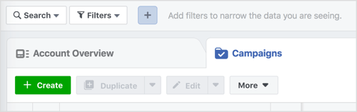 Spustelėkite mygtuką Sukurti, kad pradėtumėte naują „Facebook“ kampaniją.