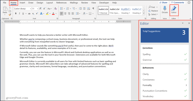 „Microsoft“ redaktoriaus mygtukas ir šoninė juosta „Word“ darbalaukyje