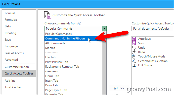 „Excel“ parinkčių dialogo lange Ribbon pasirinkite Commands Not