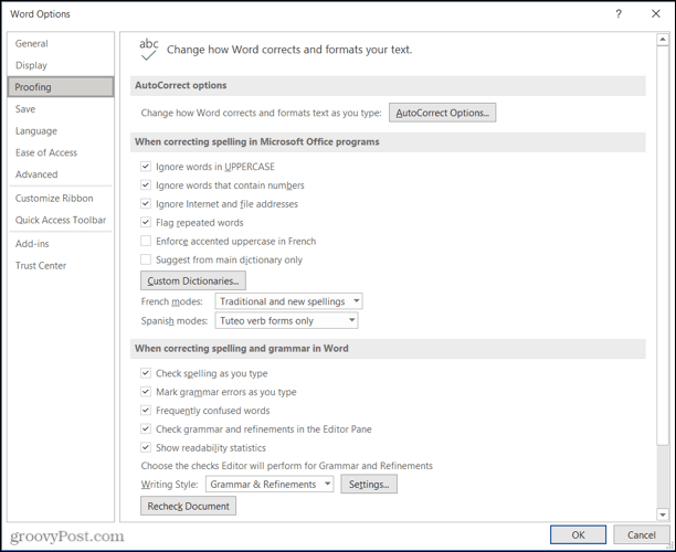 „Microsoft“ redaktoriaus „Word Proofing“ nustatymai