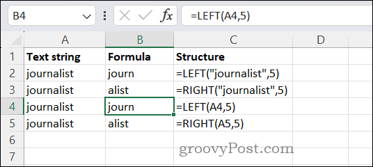 KAIRĖS ir DEŠINĖS funkcijų naudojimas programoje „Excel“.