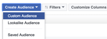Spustelėkite parinktį, kad sukurtumėte „Facebook“ pasirinktinę auditoriją.