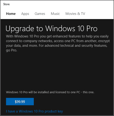 „Windows 10 Pro Pack“ raktų parduotuvė „Microsoft“