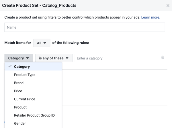Norėdami pritaikyti filtrus, kurie produktai rodomi klientams, naudokite „Facebook“ renginių sąrankos įrankį, 28 veiksmas, „Facebook“ meniu parinktis