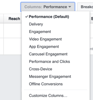 Spustelėkite išskleidžiamąjį sąrašą Stulpeliai, kad pateiktumėte parinkčių, kaip pakeisti „Facebook Ads Manager“ matomus stulpelius.