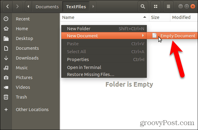 Sukurkite naują tuščią dokumentą „Nautilus“ Ubuntu Linux