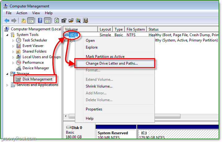 naudokite disko tvarkymo funkciją, norėdami įvesti pakeitimų disko raidės dialogo langą „Windows 7“