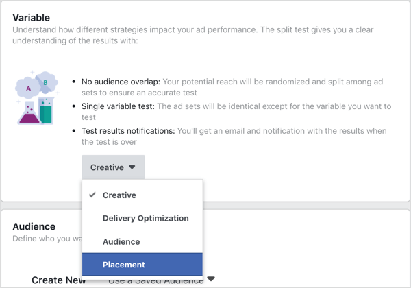 Pasirinkite „Paskirties vieta“ kaip kintamąjį, kurį norite išbandyti naudodami „Facebook“ padalijimo testą