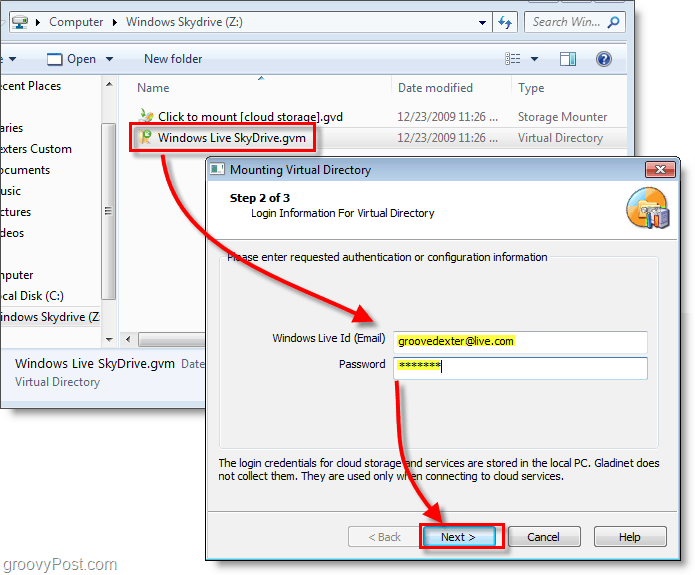 spustelėkite „Windows Live Skydrive.gvm“ failą ir įveskite savo tiesioginį vartotojo vardą ir slaptažodį