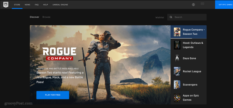 Ekrano kopija, kurioje rodoma „Epic Games Store“ svetainė