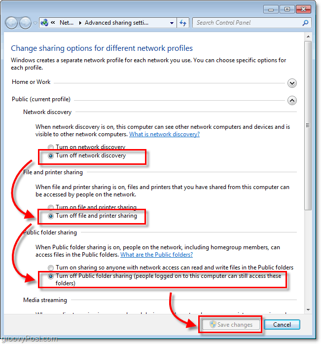 Kaip išjungti failų bendrinimą ir tinklo aptikimą "Windows 7"