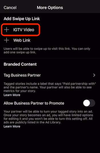 galimybė pridėti perbraukimo nuorodą į IGTV vaizdo įrašą