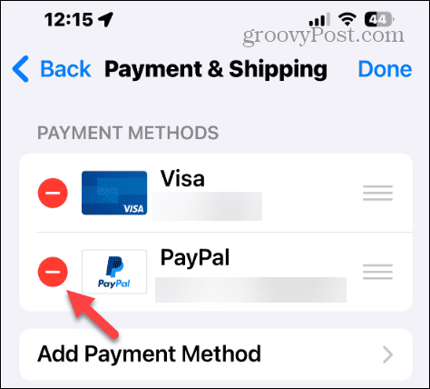 Pašalinkite mokėjimo metodą „iPhone“.