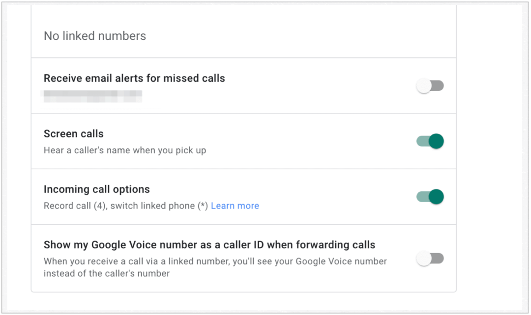 „Google Voice“ gaunamų skambučių parinktys