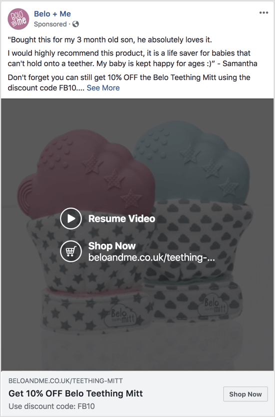 Šiame „Facebook“ skelbime naudojamas skaidrių demonstravimo vaizdo įrašas, skirtas reklamuoti nuolaidą konkrečiam produktui.