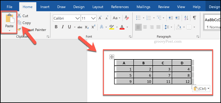 Įklijuoti langeliai iš „Excel“ skaičiuoklės, rodomi kaip „Word“ lentelė