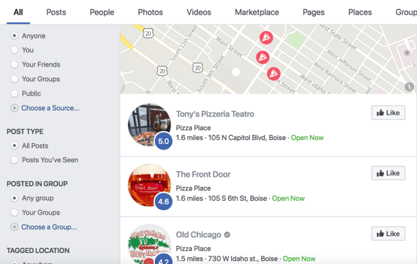 „Facebook“ paieškos rezultatai pagal picą.