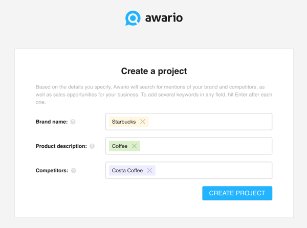 Kaip naudoti „Awario“ socialinės žiniasklaidos klausymui, 1 žingsnis sukurkite projektą.
