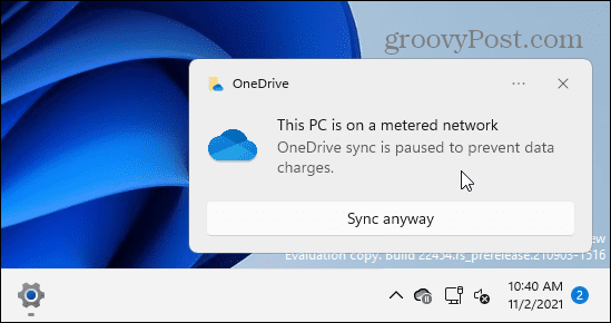 „OneDrive“ išmatuoto ryšio ribos pranešimas