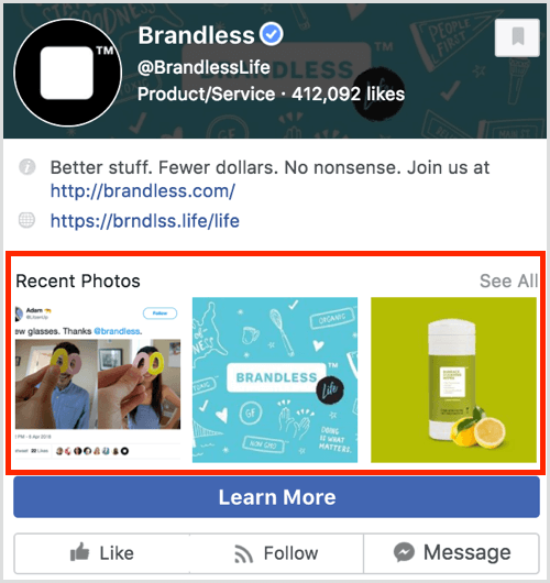 „Facebook“ puslapio peržiūra, kurioje rodomos naujausios nuotraukos.