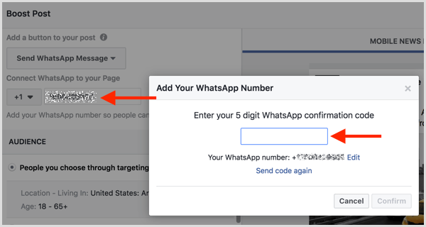 Įveskite patvirtinimo kodą, kurį gavote SMS žinute, kad susietumėte „WhatsApp Business“ paskyrą su „Facebook“.