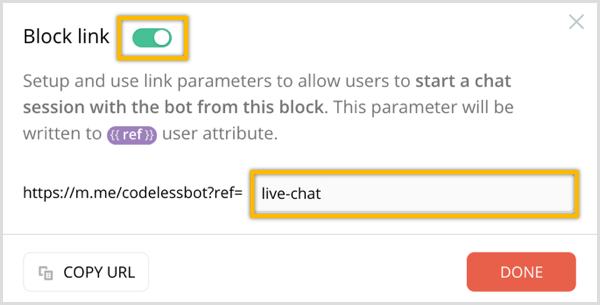 „ChatFuel Block Link“ parinktis