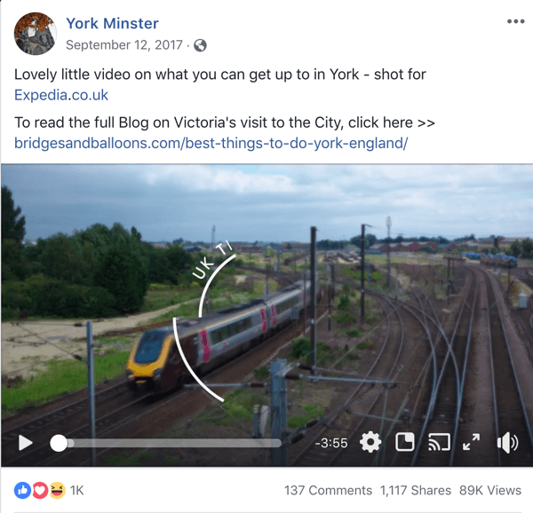„Facebook“ įrašo su turizmo informacija iš „York Minster“ pavyzdys.