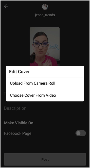 Įkelkite viršelio nuotraukos atvaizdą arba pasirinkite bet kurį rėmelį iš IGTV vaizdo įrašo.