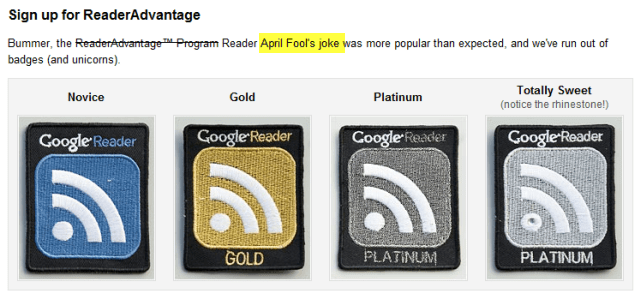 „Google Reader“, 2010 m. Balandžio mėn. „Fools Reader“ pranašumo ženklelis