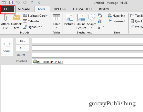 „Outlook 2013“ pakeiskite didelių vaizdų failo dydį
