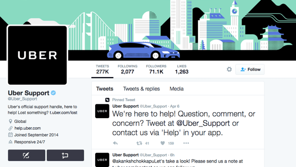 „Uber“ turi atskirą „Twitter“ rankeną, skirtą „Uber“ palaikymui.