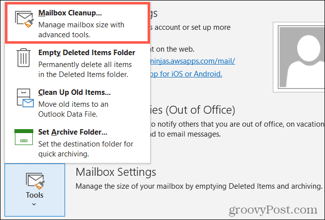 Įrankiai, pašto dėžutės valymas „Outlook“