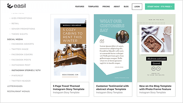 „Easil“ šablonai iš „Instagram Stories“ ar „Instagram TV“ leidžia kurti profesionalius vaizdus. Šablonų pavyzdžiai, kuriuos galite pritaikyti, apima 5 jaukių namelių, kuriuos šią žiemą galite išsinuomoti, pavadinimą virš kajutės nuotraukos, pavadinimą Ką sako mūsų klientai su galvos šūviu ratu ir kliento citata baltame fone, o pavadinimu „Naujas tinklaraštyje“ - maisto nuotraukos ir tinklaraščio įrašo pavadinimas po nuotrauka.
