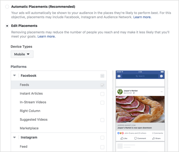 Pasirinkite įtraukimo į „Facebook“ skelbimą paskirties vietas.