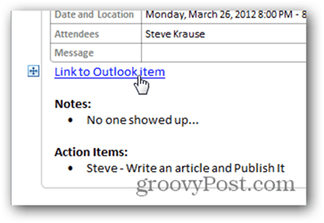 Spustelėkite Susieti su „Outlook“ kalendoriaus elementu