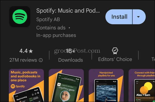 Įdiekite „Spotify“ programą iš „Google Play“ parduotuvės