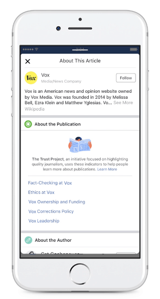 „Facebook“ pradės rodyti naujienų naujienų sraute bendrinamų straipsnių naujus leidėjų pasitikėjimo rodiklius.